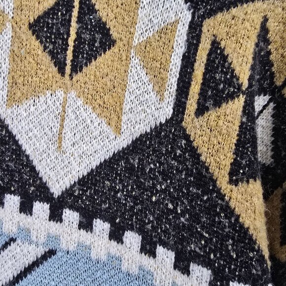 H&M Geometric Tribal Print Wrap Cardigan Blue/Beige Black Contrast Trim Made In - Picture 4 of 8